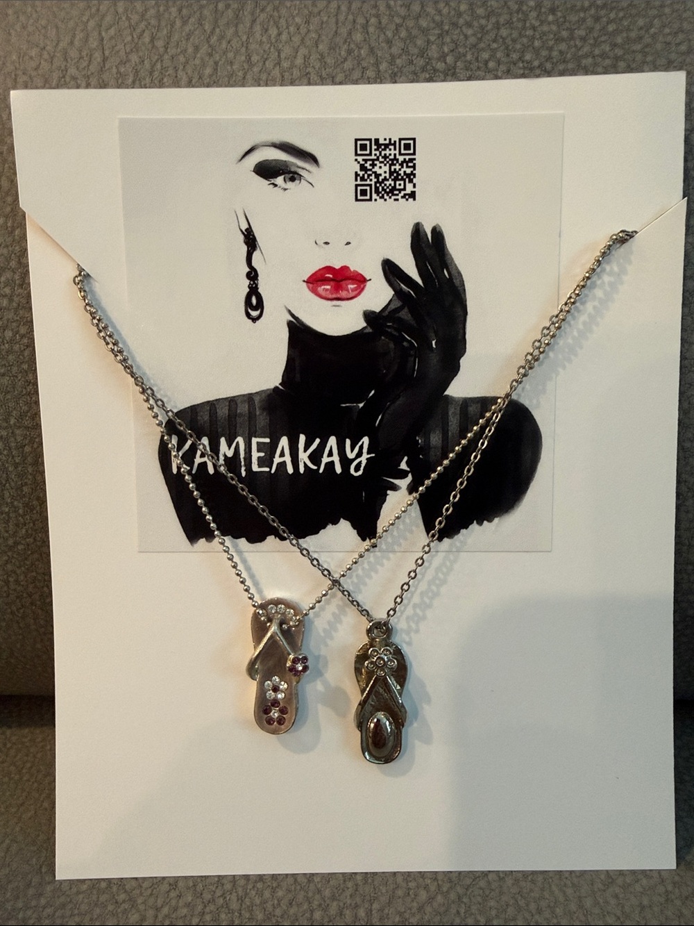 Kameakay Silver-Tone Flip Flop Necklaces with Pink & Clear Accents - Picture 2 of 3